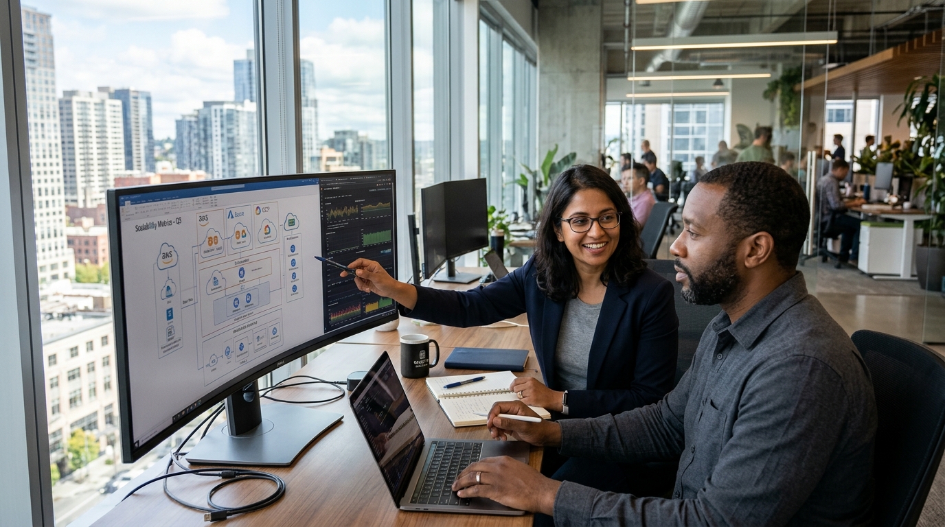 Enterprise cloud architects collaborating on Agentforce autonomous AI multi-cloud architecture and monitoring dashboards