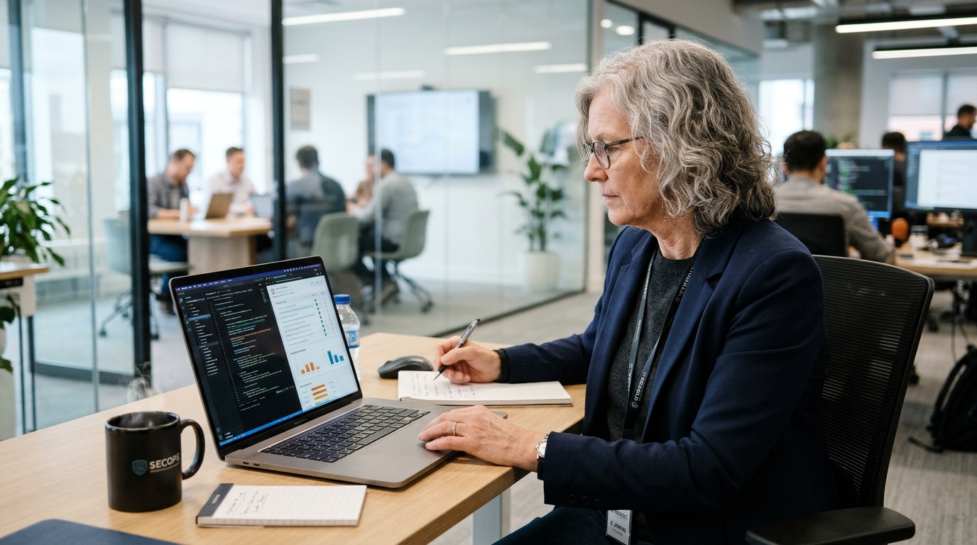Senior cybersecurity and Salesforce ISV engineer inspecting automated security review code scans and vulnerability checklists