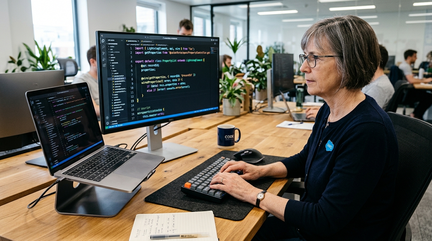 Senior frontend developer authoring responsive Lightning Web Components and reactive Screen Flows on dual monitors