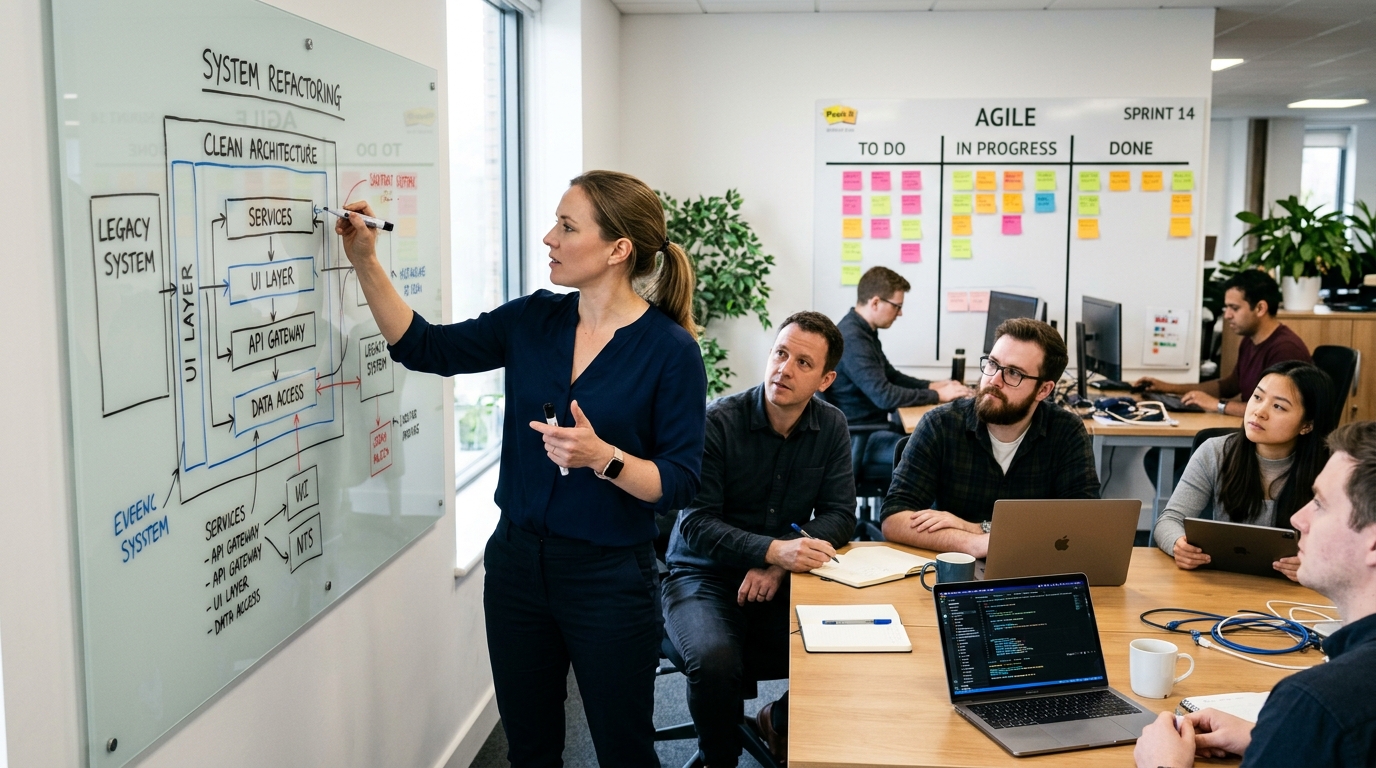 Enterprise software architecture lead mapping out clean architecture and legacy trigger refactoring on agile glass whiteboard
