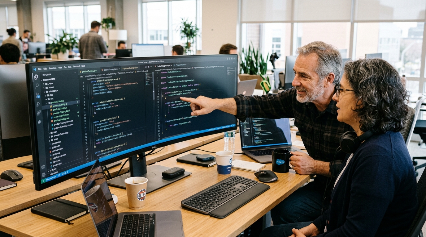Senior developers pair programming custom Lightning Web Components and Apex triggers on ultra-wide display
