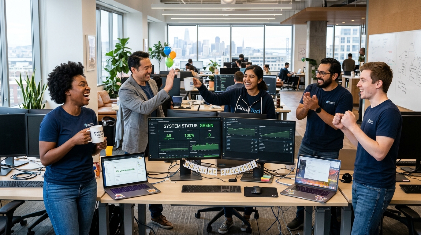 Cloud engineers celebrating successful Salesforce go-live and multi-cloud deployment